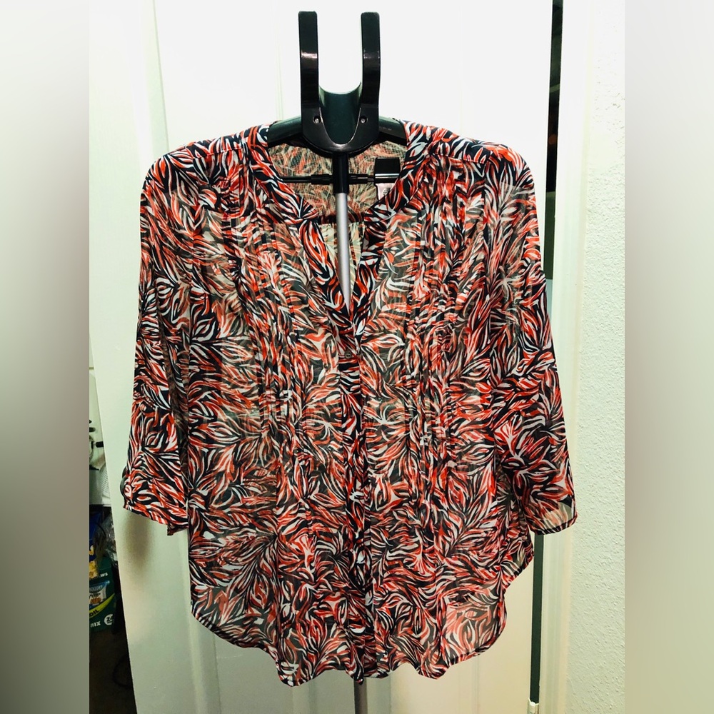 Chaus Sheer Abstract Leaf Print Blouse - Red Black White